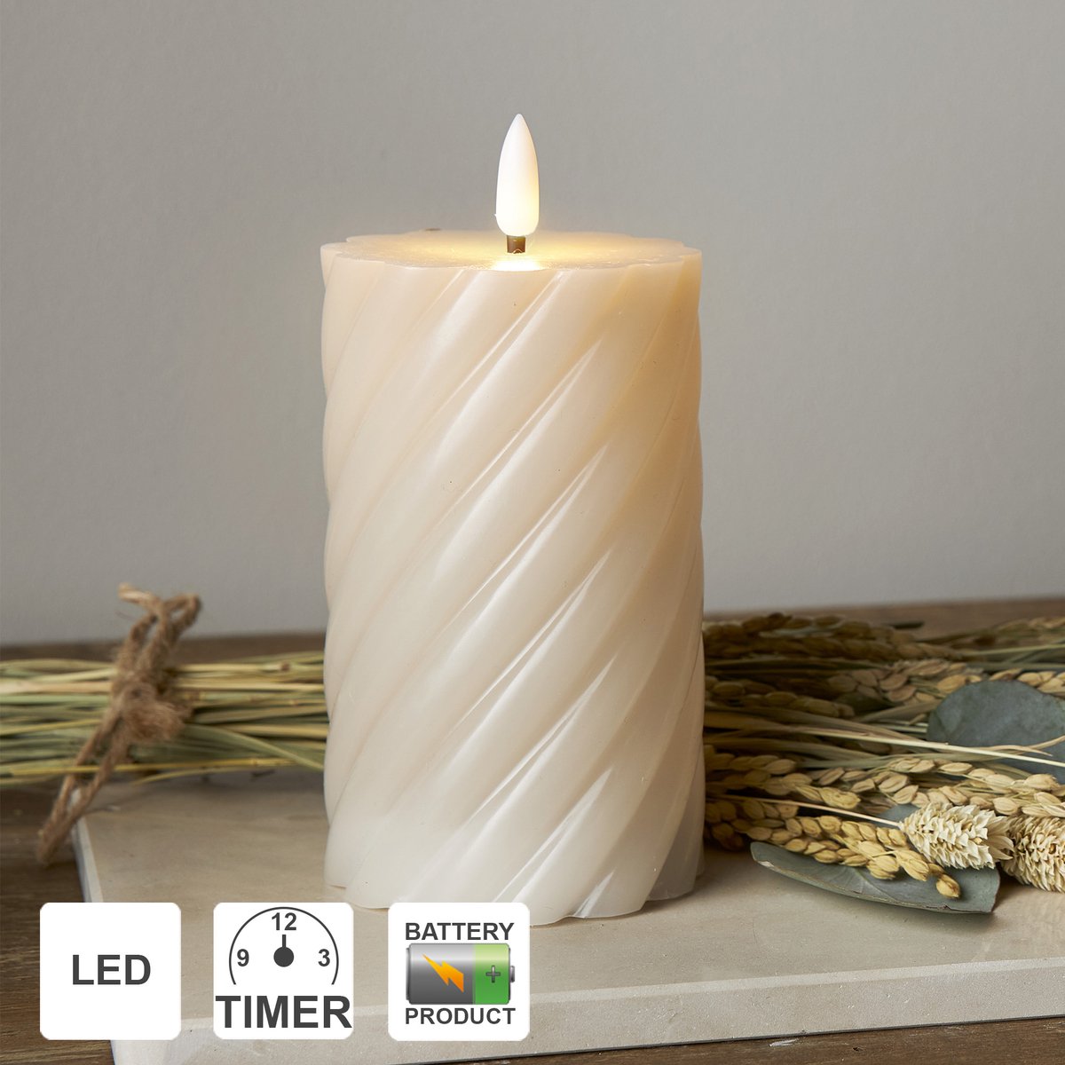 Star Trading LED-kaarsen met timerfunctie | Stompkaarsen beige | LED-kaars met timer | LED stompkaarsen met timer | Gedraaide kaarsen set van 2 | Decoratieve kaarsen beige | LED-kaars flikkerende vlam | elektrische kaarsen